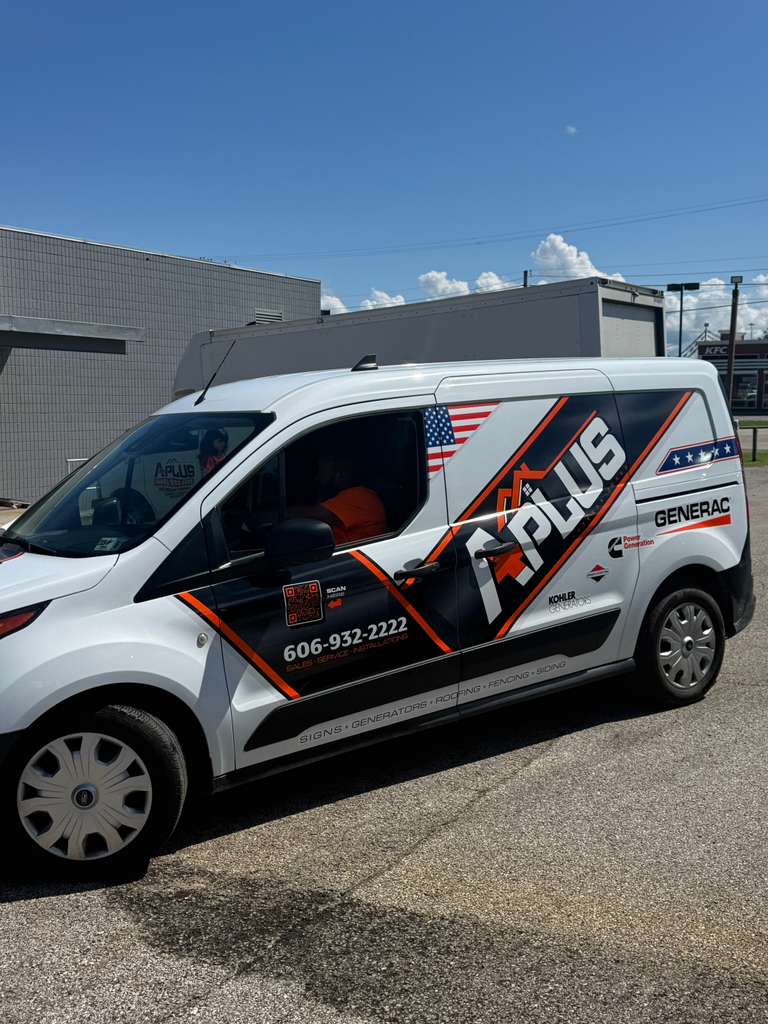 A Plus branded service van wrap with Generac partner marks